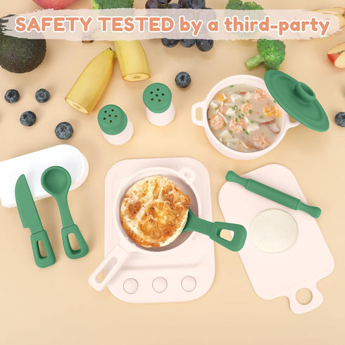 11Pcs Sets,Cooking Set 1-3,Green TYRY.HU BPA Free Kids Play Kitchen Accessories Toy, Silicone Pretend Play Food Toys