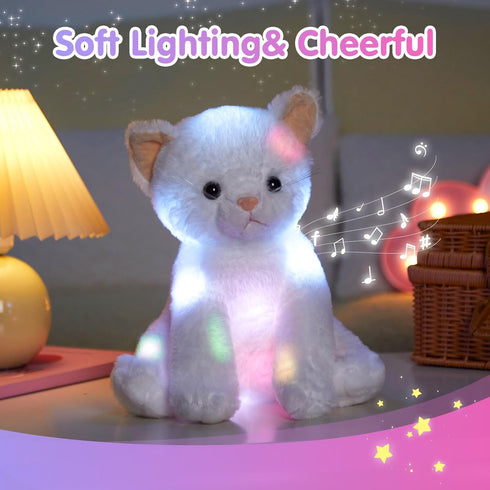 12'' Houwsbaby White Musical Light Up Cat Stuffed Animal Kitty Plush Toy Singing LED Glowing Cat Plush Toy Christmas