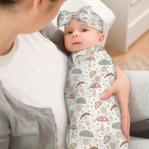 Broiteid Set,Baby Mushroom Cartoon Baby Stuff Newborn Swaddle Blanket with Beanie Hat and Headband Swaddle Blanket