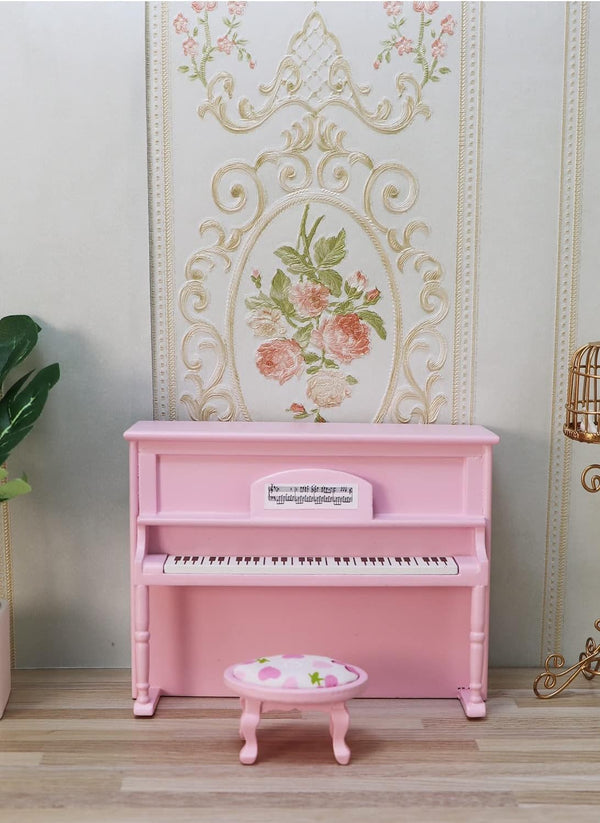 Dollhouse Grand Piano Model with Stool 1:12 Scale Miniature Musical Instrument Desk