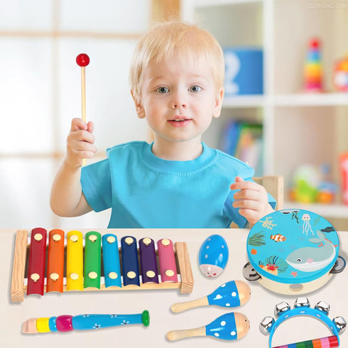 Wooden Musical Instruments Set for Toddlers 1-3, Natural Wood Percussion Instruments Gift Set with Storage Bag