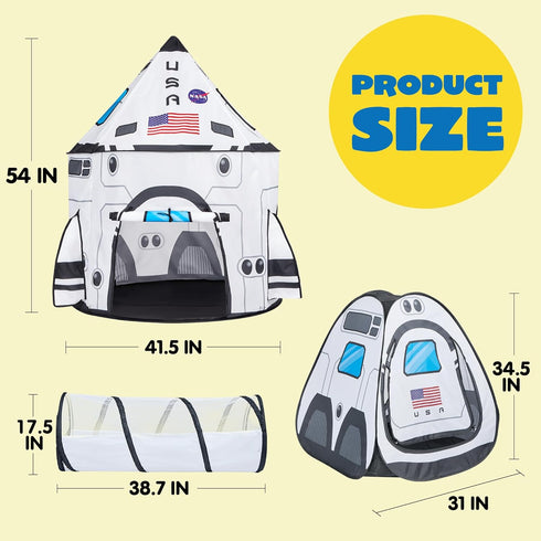 JOYIN White Rocket Ship Pop Up Play Tent - Kids Indoor Outdoor Spaceship Tent Set with Tunnel and Playhouse