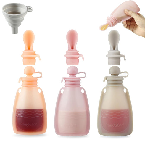 PandaEar 3 Pack Reusable Silicone Baby Food Pouches with Spoon Feeder-5.5oz Leak-Proof