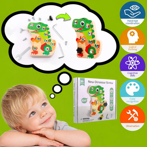 8 2 3 4 5, Liangding Montessori Screw Board Toy Dinosaur for Kids, Wooden Fine Motor Skills Busy Board with Screws