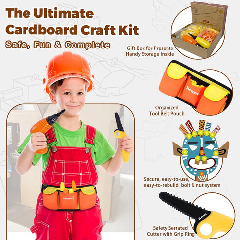 124-Pieces Cardboard Construction Tools Kit with Waist Bag, Safety Ring Saw, Screwdriver, Waist Bag and Gift Box Safe
