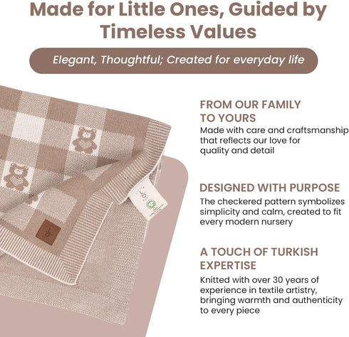 30x40 Inches, 100% Gender-Neutral Checkered Baby Blanket Mocha Teddy Bear Organic GOTS Certified Cotton, Soft