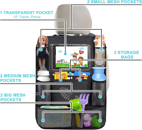 Matenf 9 10 1Pack Car Organizer Back Seat with Storage Pockets & Tablet Holder, Seat Back Cover for Kids Toddlers, Kick