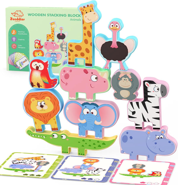 Zeoddler Montessori Toys for Toddlers, 10 Pack Wooden Animal Stacking Blocks, Sorting