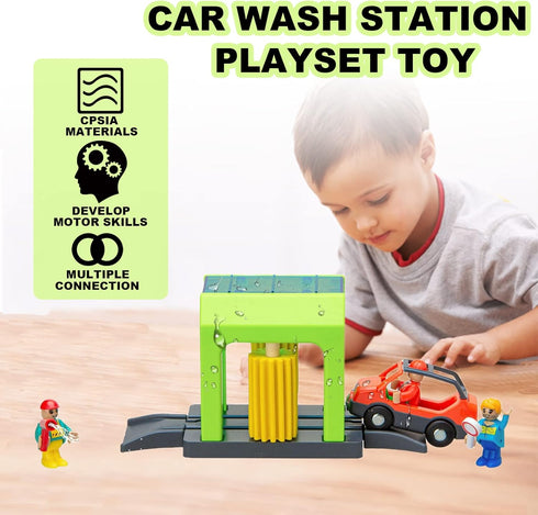 Car Wash Station Playset Toy for Wooden Train Track, Creative Pretend Play Toy Vehicles Accessory for Toddlers