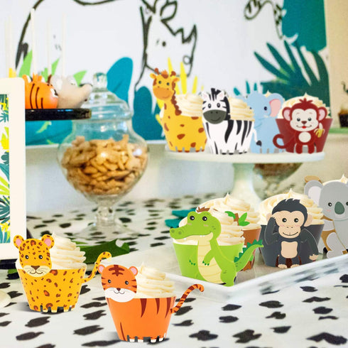 48 Pcs Jungle Safari Animal Cupcake Wrappers, Wild Party Cake Decorations for Baby Shower Birthday Themed Supplies