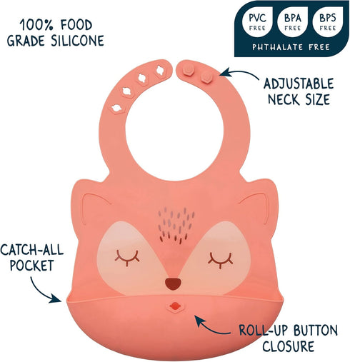Tiny Twinkle Roll-Up Silicone Bib - Soft, Durable, Easy Clean Waterproof Silicone Bibs With Food Catcher (Coral
