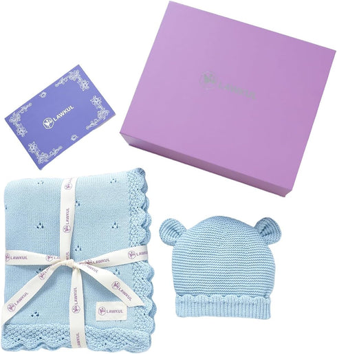 Set 100% Cozy LAWKUL Baby Blanket & Beanie Hat Organic Cotton Newborn Swaddle Beanie Soft for Infants Boy Girl Gift