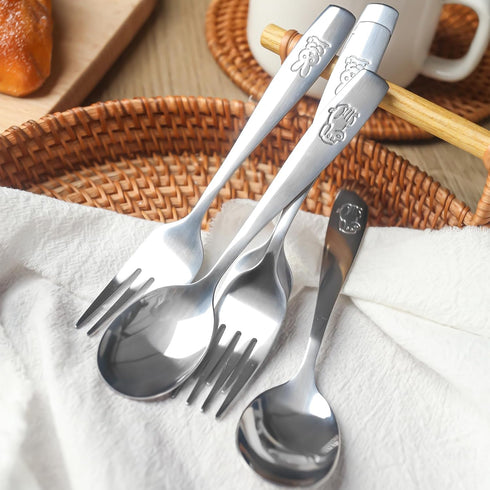 HANSGO 12PCS Children Safe Forks and Spoons, Stainless Steel Toddler Utensils Set with Bunny and Puppy Motifs