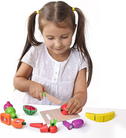 35PCS FUN LITTLE TOYS Wooden Play Food for Kids Kitchen, Pretend Cutting Food Toys with Wooden Tray, Dishes and Knife