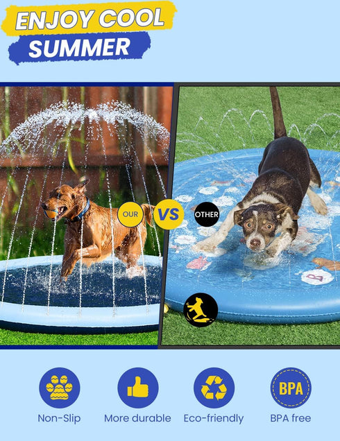 Summer 97 inch PETOCAT Splash Pad Non-Slip Dogs Cool Sprinkler Pool Extra Large Splash Pads for Kids Dog Baby Wading