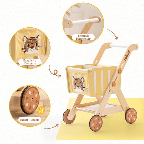 ROBUD Baby Push Walker Doll Stroller, Wooden Shopping Cart for Girls Boys, Adjustable Height Walker for Kids