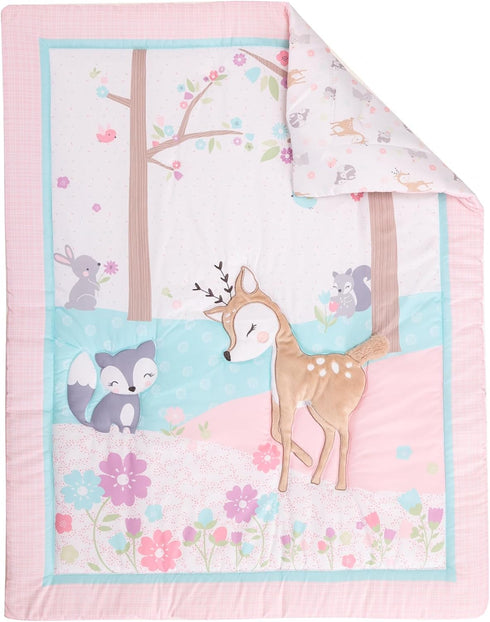 CribMATE 3 Set Set Pieces Pink Animal Nursery Crib Bedding for Girls Quilt/Fitted Sheet/Skirt Baby Girl Embroidery Deer