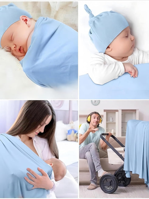 SEVDO Set Baby Receiving Blankets with Matching Beanie Newborn Nursery Swaddle Unisex Swaddle Wrap Soft Silky Neutral