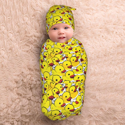 Nanyizly Set 0-6m Yellow Rubber Cute Duck Newborns Beanie Swaddle Blanket Baby Receiving Blankets for Infant Boy Girl