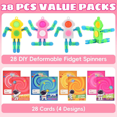 Amplov 28 Pack Valentines Day Gifts for Kids Space Astronaut Robot POP Fidget Spinner Toys with Cards for School