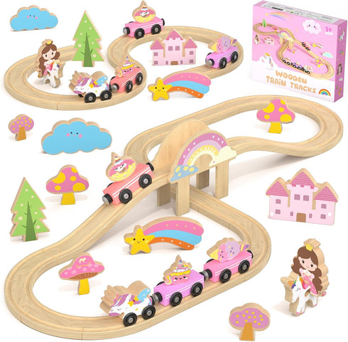 Unicorn Wooden Train Set for Toddler Girls Ages 2-4 Magical Fairy 38