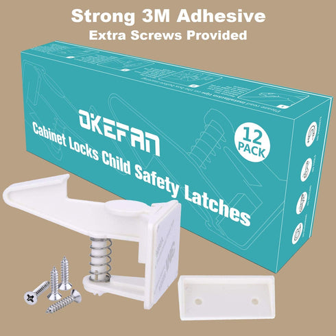 OKEFAN Cabinet Locks Child Safety Latches - 12 Pack Baby Proofing Cabinets Drawer Lock Adhesive Latch for Kids