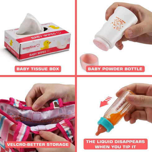 14 Pack Set Set Baby Doll Accessories, Baby Doll Feeding and Caring Includes Diaper Bag, Doll Diapers, Magic Bottle