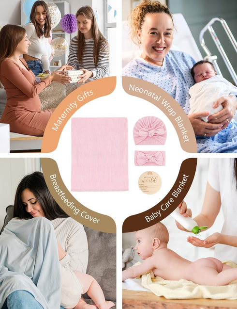 Set, Stretchy Baby Swaddle Blanket and Headband Newborn Receiving Blankets with Matching Hat for Nursery Swaddle Wrap
