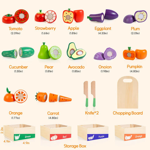 Set, 3 4 5 6 7 WOODMAM Wooden Play Food for Toddlers, Color Food Groups, Fruit & Veggies Cutting Pretend Play Food