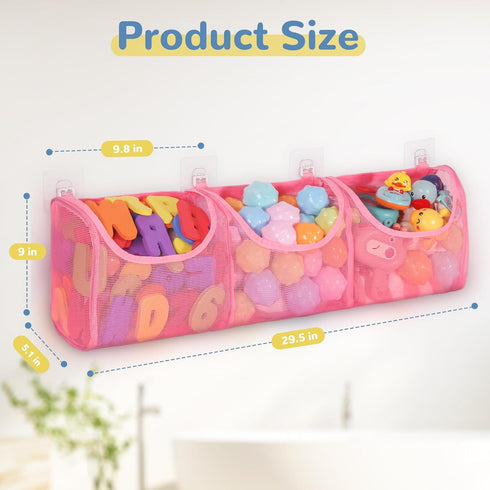 Bath Toy Storage, Large Capacity 3 Compartments Bathtub Toy Storage, Opening Bath Toy Holder Organizer, Mesh Shower Caddy for Kids Baby Bathroom Toy - Pink by DOCMON