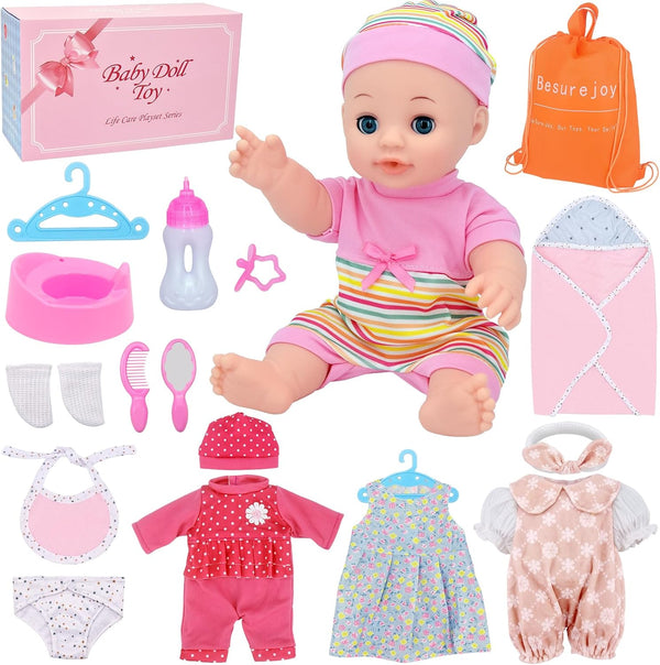 Besurejoy 12'' Baby Doll Nursery Care Playset with 4 Outfits,Clothes Hanger,Swaddle Blanket,Feeding Bottle,Diaper,Bib