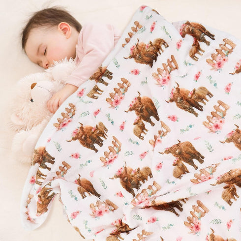 Highland Cow Lovey Baby Blanket for Boys Girls, Soft Fleece Minky with Dotted Backing, Newborn Toddler Crib Gift (26.5
