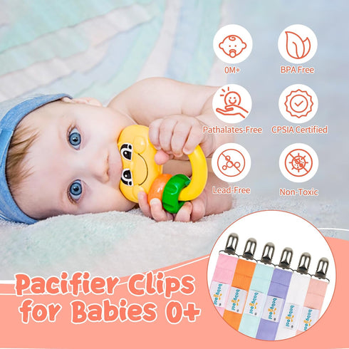 Babygoal Girl Pacifier Clips, 6 Pack Solid Color Holder Clips for Most Pacifier Styles, Baby Gift 6MP23