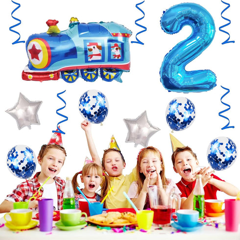 Weenkeey 2nd 2 Birthday Train Balloons - Giant Aluminum Foil Balloon Number Mylar for Railroad Party - Blue