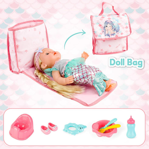 deAO Baby Doll Stroller Crib Bed Nursery Role Play Set, Baby Doll Accessories with Travel Cot and Foldable Stroller