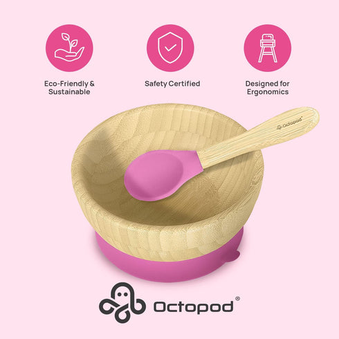 Set 4 5.7" 3" 5.7" Abiie Octopod Bamboo Baby Bowl for Months and Up Mess-Free High Chair Suction Bowl with Spoon