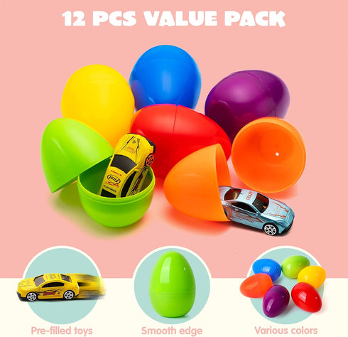12 JOYIN Pcs Die-Cast Car Filled Big Easter Eggs, Bright Colorful Prefilled Plastic Eggs with Different Die-cast Cars
