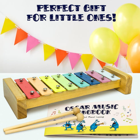 Toddler Musical Instruments Set | Montessori Wooden Music Toys for 1-3 Years | Modern Boho Xylophone with 15 Songbook