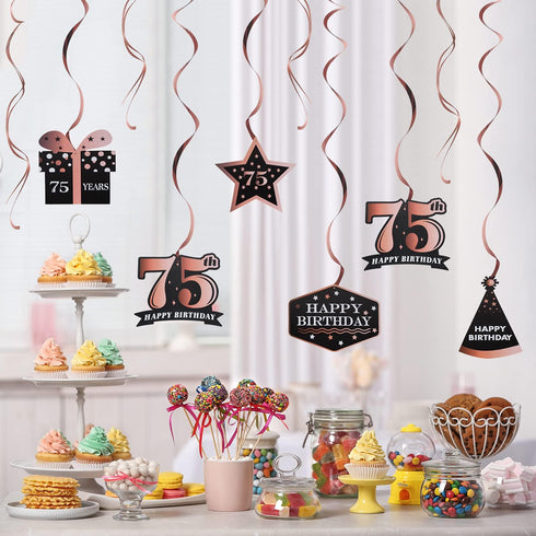 LINGTEER Happy 75th Birthday Decorations, 12Pcs Black & Rose Gold Swirls Streamer Set for 75 Years Old Bday Party