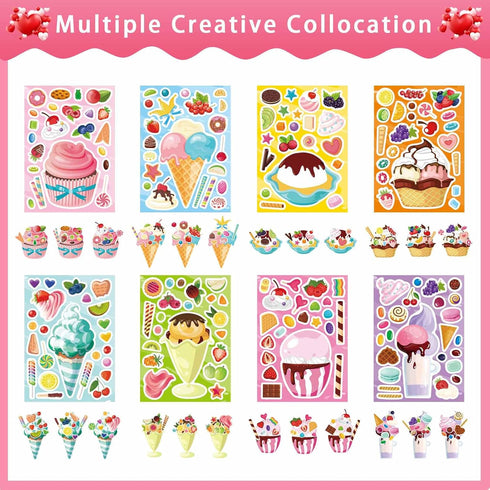 24 Summer Sheets Make-a-face Stickers, Make Your Own Ice Cream Mix and Match Sticker Sheets DIY Ice Cream Stickers
