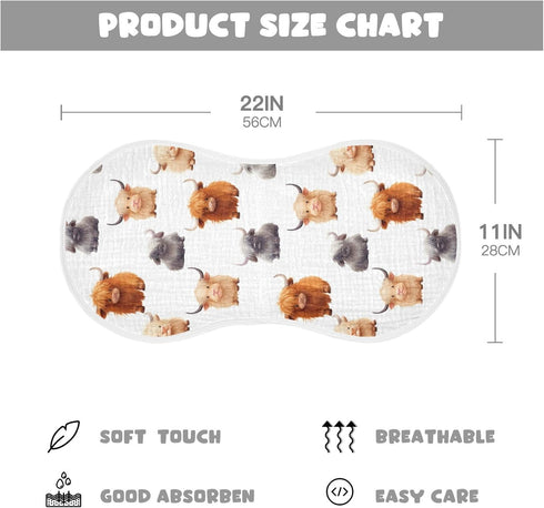 KEIGE 4Pcs Girls,11x22in,A110859 Cute Highland Cow Pattern Burp Cloth,Unisex Large Absorbent Soft Cotton Muslin Burping