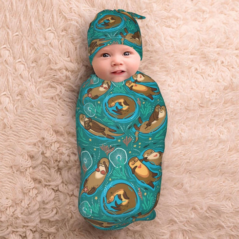 Cute Sea Otters Newborn Swaddle Blankets with Beanie Sets, Soft Swaddling Blanket Gifts for Infant Boys Girls