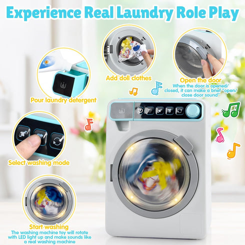 Playset Set Kids Toy Washing Machine, Realistic Pretend Play Appliance for Girls, Interactive Toy Dollhouse Furniture