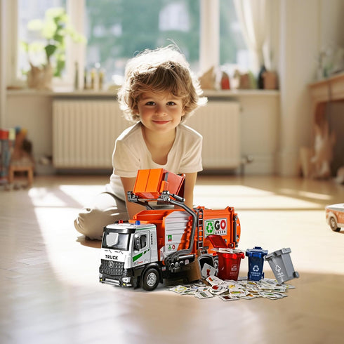 NOVAFUSION 4-7Orange Front Loader Arm Toy Garbage Truck with Auto Lift Function,Diecast Garbage Truck Metal