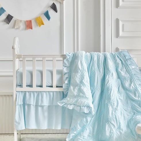 Set Ruffled Crib Bedding Baby Boho Quilted Comforter with Fitted Sheet and Bed Skirt - Cute Soft Breathable Seersucker