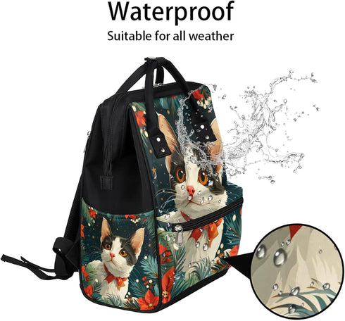 Hsnar Backpack Christmas Cat Flowers Waterproof Diaper Bag Large Capacity Baby Bag with Stroller Straps, Multi-Pocket