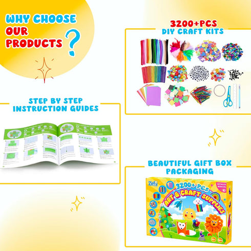 Zefy 3200+ 12 4-12 Pcs Arts and Crafts Supplies for Kids, All in One Craft Kits with Crafts Design, DIY School Supplies