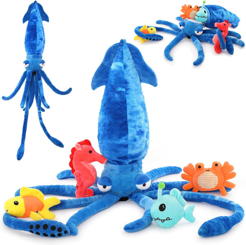 5Pcs Giant Squid Stuffed Animal 41.3" with Small Marine Clownfish,Crab, Seahorse, Angler