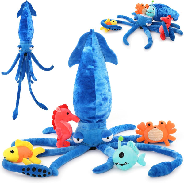 5Pcs Giant Squid Stuffed Animal 41.3" with Small Marine Clownfish,Crab, Seahorse, Angler