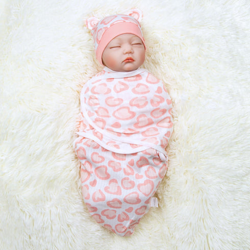 Reborn Baby Dolls Clothes - Pink Heart Swaddle Blanket & Hat Set for 17-22 Inch Dolls